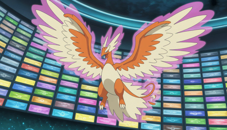 Pokémon avec ailes déployées, style anime fantasy, couleurs vives et effets magiques tourbillonnants