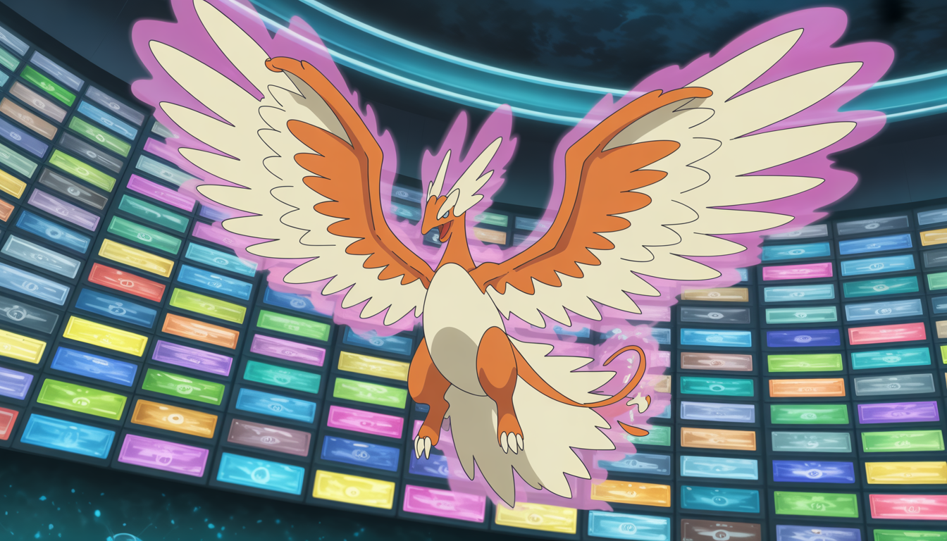 Pokémon avec ailes déployées, style anime fantasy, couleurs vives et effets magiques tourbillonnants