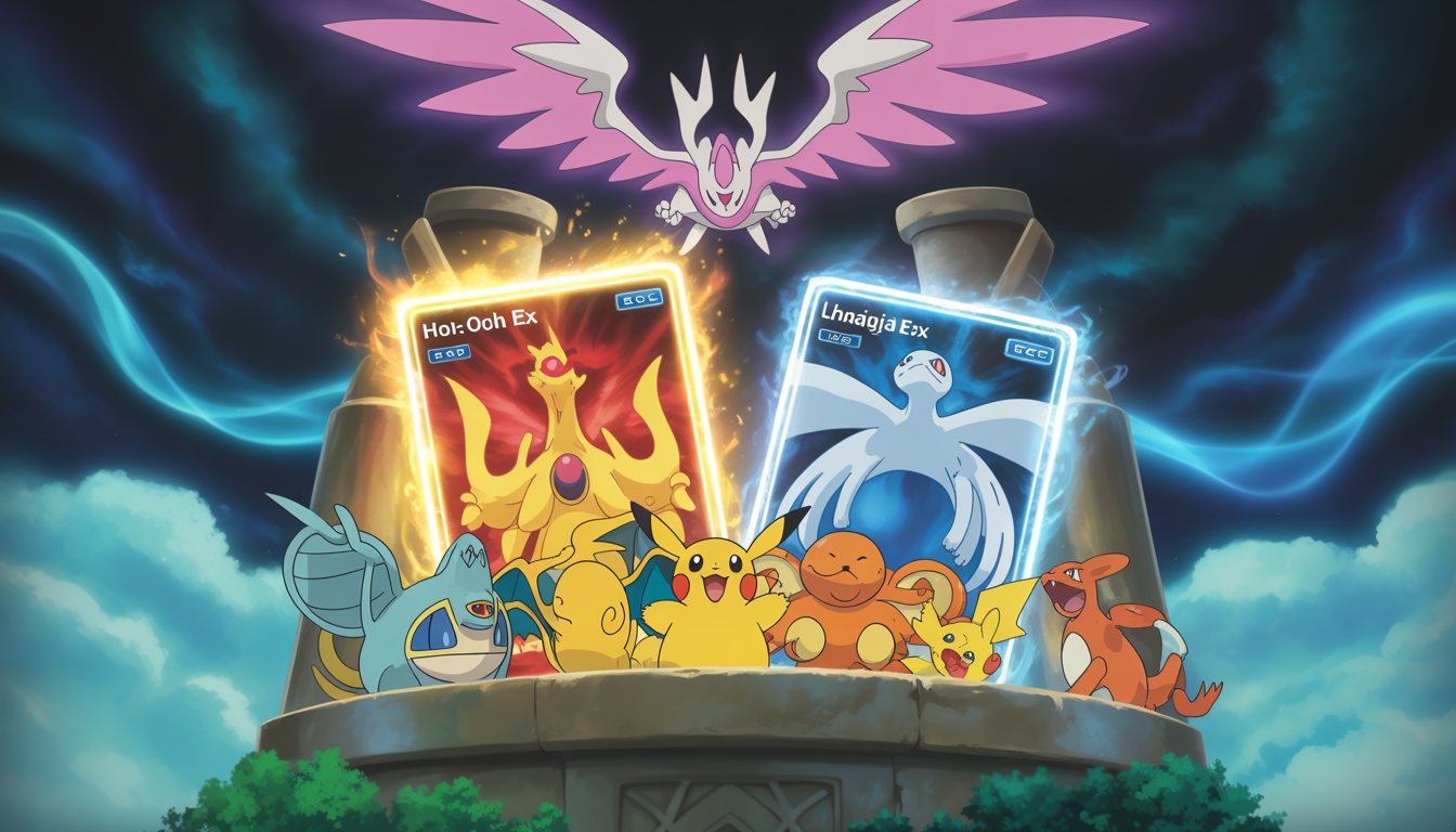 Cartes Ho-Oh ex et Lugia ex brillantes avec Pikachu et Dracaufeu, effets magiques colorés et lumière aurorale au-dessus d'un autel ancien