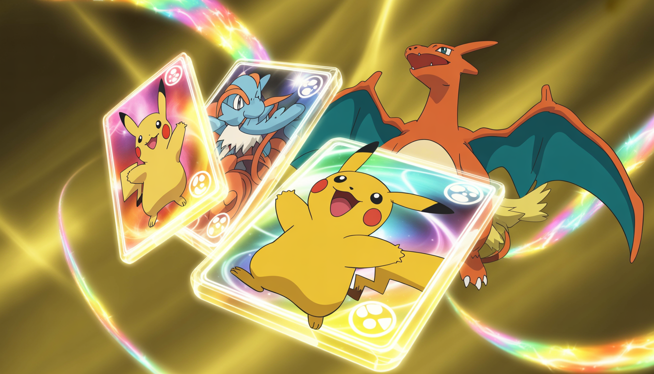 Cartes Pokémon brillantes de Pikachu, Charizard et Mew en poses dynamiques avec effets lumineux et ambiance dorée
