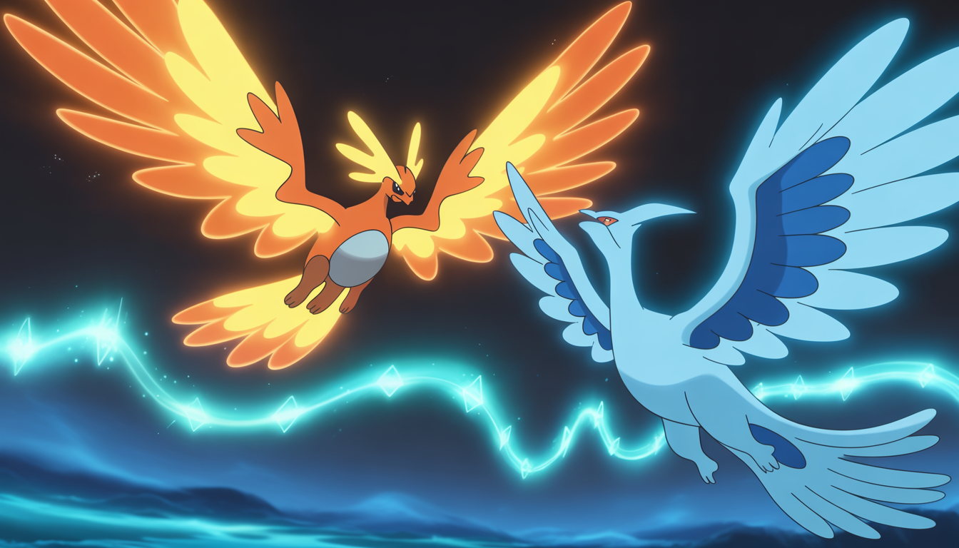 Ho-Oh et Lugia légendaires volant avec des lumières magiques orange et bleu dans un décor féerique