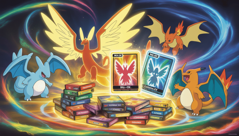 Cartes Ho-Oh-ex et Lugia-ex aux ailes spectrales avec Pikachu et Dracaufeu holographiques dans un cadre vibrant et féerique