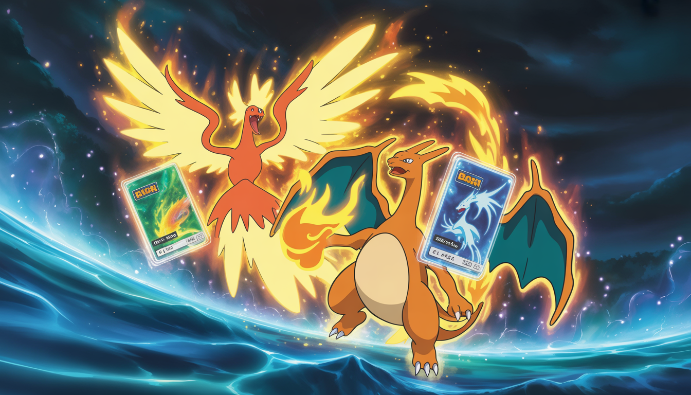 Cartes Ho-Oh-ex et Lugia-ex avec ailes flamboyantes et énergie psychique, entourées de Charizard ex aux flammes holographiques