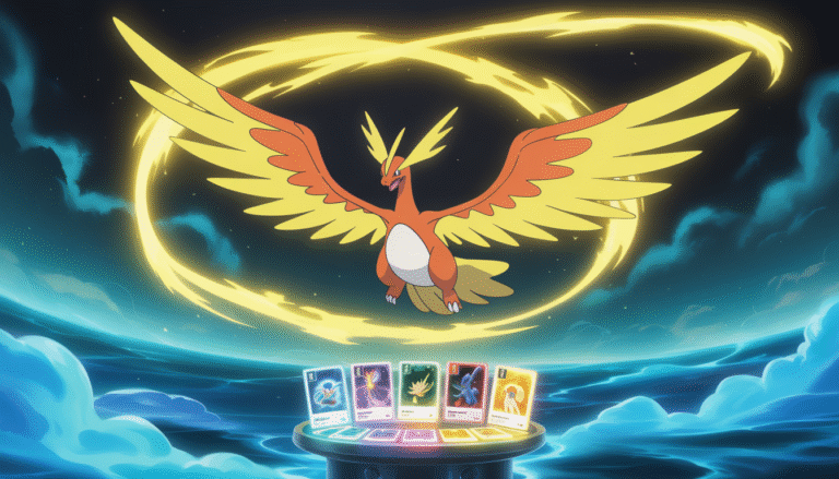 Ho-Oh et Lugia planant majestueusement avec des cartes Pokémon brillantes sous des aurores magiques