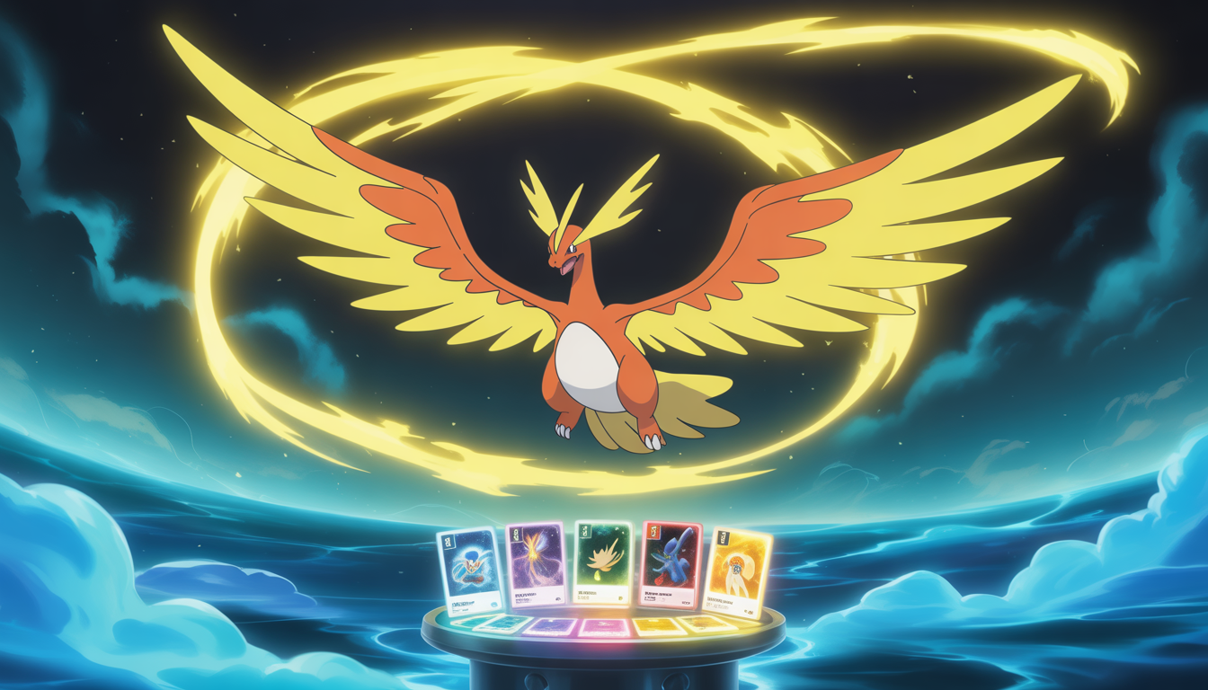 Ho-Oh et Lugia planant majestueusement avec des cartes Pokémon brillantes sous des aurores magiques